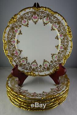 Six Gold Encrusted Antique Limoges Dessert Plates Hand Painted Roses Gorgeous