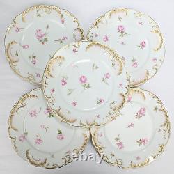 Six H & Co. Limoges Hand Painted Dessert Plates with Pink Roses Schleiger PC