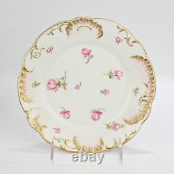 Six H & Co. Limoges Hand Painted Dessert Plates with Pink Roses Schleiger PC