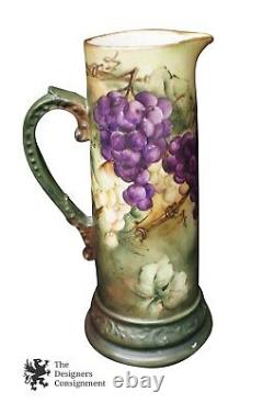 Stunning Delinieres & Co. Antique Tankard Hand Painted Grapes French Limoges