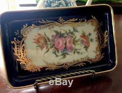 Stunning Limoges French Porcelain Hand Painted Tray Cobalt Gold Floral