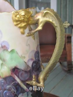 Stunning Limoges Grapes Hand Painted Pitcher/tankard Dragon Handle