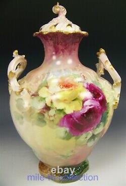 Stunning Rare Limoges France Hand Painted Roses Potpourri Jar