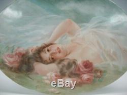 Superb Limoges porcelain portrait plaque reclining nude with roses hand painted