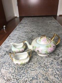 TV Limoges France Hand Painted 2 Cup Tea Pot Pink Roses Gold W Sugar & Cream