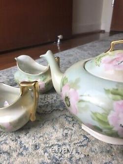 TV Limoges France Hand Painted 2 Cup Tea Pot Pink Roses Gold W Sugar & Cream