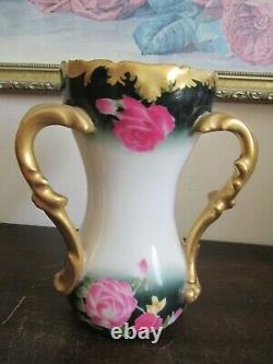 TV Limoges France Hand Painted Handled Vase Roses Green Gold 7