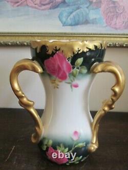 TV Limoges France Hand Painted Handled Vase Roses Green Gold 7
