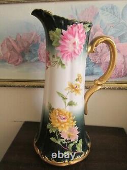 TV Limoges France Hand Painted Tankard Chrysanthemum Green Gold 15.5