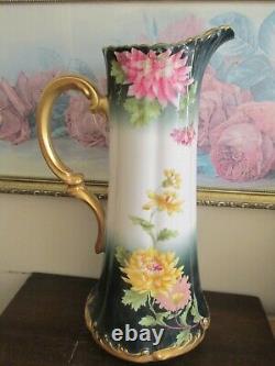 TV Limoges France Hand Painted Tankard Chrysanthemum Green Gold 15.5