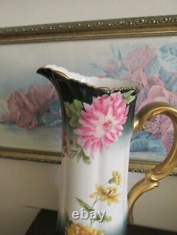 TV Limoges France Hand Painted Tankard Chrysanthemum Green Gold 15.5