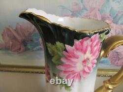 TV Limoges France Hand Painted Tankard Chrysanthemum Green Gold 15.5