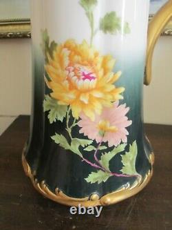 TV Limoges France Hand Painted Tankard Chrysanthemum Green Gold 15.5