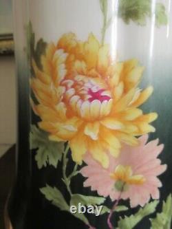 TV Limoges France Hand Painted Tankard Chrysanthemum Green Gold 15.5