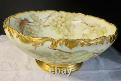 TV Limoges Hand Painted Art Nouveau Gold Scalloped Punch Bowl Grape & Spider Web