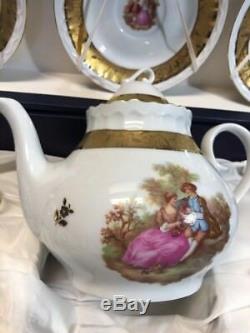 T. Limoges VIZAVI Courting Couple Coffee Set 17 Pieces Hand Painted Pink & Gold