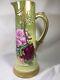 T&v (france) 14.25 Inch Hand Painted Yellowithgreen Ewer- Pink Roses Signed Roby