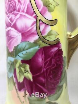 T&V (France) 14.25 Inch Hand Painted YellowithGreen EWER- Pink Roses Signed Roby