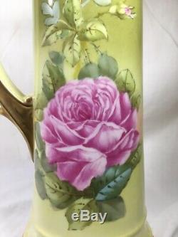 T&V (France) 14.25 Inch Hand Painted YellowithGreen EWER- Pink Roses Signed Roby