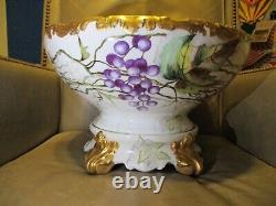 T & V Limoge Antique Footed Hand Painted Punch Bowl