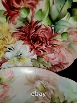 T&V Limoges Cabbage Rose Mums Tea Cup And Saucer Set Platter E Miller Signed HTF