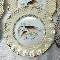 T&V Limoges France 12 Fish Plates Hand Painted Heavy Gold Signed Marquet 9 inch