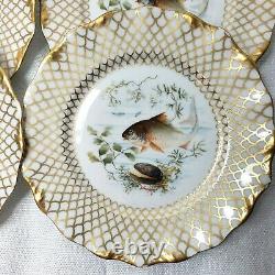 T&V Limoges France 12 Fish Plates Hand Painted Heavy Gold Signed Marquet 9 inch