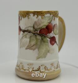 T&V Limoges France Hand-Painted Cherries & Gold Porcelain Mug