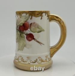 T&V Limoges France Hand-Painted Cherries & Gold Porcelain Mug