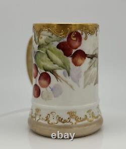 T&V Limoges France Hand-Painted Cherries & Gold Porcelain Mug