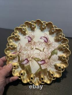 T&V Limoges France Hand Painted Floral Reticulated Plate Orchids Gold Gilt