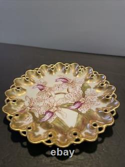 T&V Limoges France Hand Painted Floral Reticulated Plate Orchids Gold Gilt