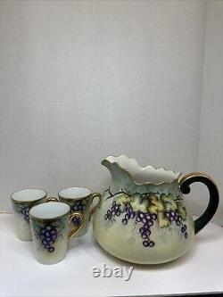 T & V Limoges France Hand-Painted Grape & Leaf Pitcher Gold Green Handle 3 Cups