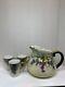 T & V Limoges France Hand-painted Grape & Leaf Pitcher Gold Green Handle 3 Cups