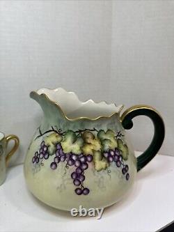 T & V Limoges France Hand-Painted Grape & Leaf Pitcher Gold Green Handle 3 Cups