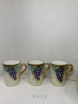 T & V Limoges France Hand-Painted Grape & Leaf Pitcher Gold Green Handle 3 Cups