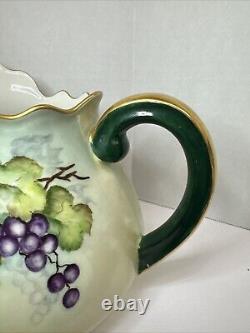 T & V Limoges France Hand-Painted Grape & Leaf Pitcher Gold Green Handle 3 Cups