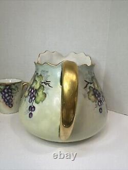 T & V Limoges France Hand-Painted Grape & Leaf Pitcher Gold Green Handle 3 Cups