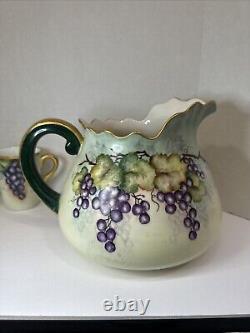 T & V Limoges France Hand-Painted Grape & Leaf Pitcher Gold Green Handle 3 Cups