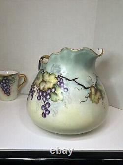 T & V Limoges France Hand-Painted Grape & Leaf Pitcher Gold Green Handle 3 Cups