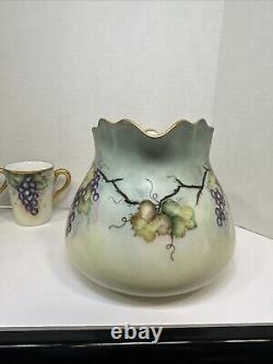 T & V Limoges France Hand-Painted Grape & Leaf Pitcher Gold Green Handle 3 Cups