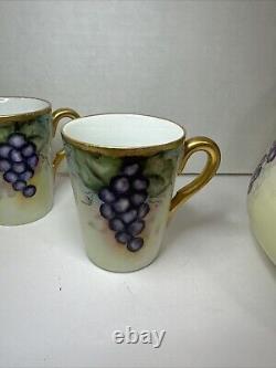 T & V Limoges France Hand-Painted Grape & Leaf Pitcher Gold Green Handle 3 Cups