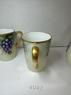 T & V Limoges France Hand-Painted Grape & Leaf Pitcher Gold Green Handle 3 Cups