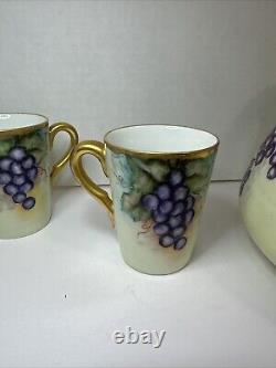 T & V Limoges France Hand-Painted Grape & Leaf Pitcher Gold Green Handle 3 Cups