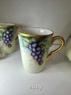 T & V Limoges France Hand-Painted Grape & Leaf Pitcher Gold Green Handle 3 Cups