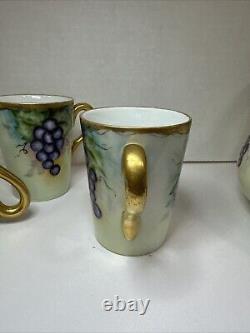 T & V Limoges France Hand-Painted Grape & Leaf Pitcher Gold Green Handle 3 Cups