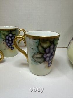 T & V Limoges France Hand-Painted Grape & Leaf Pitcher Gold Green Handle 3 Cups