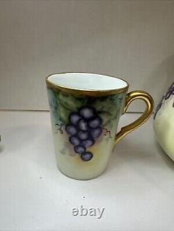 T & V Limoges France Hand-Painted Grape & Leaf Pitcher Gold Green Handle 3 Cups