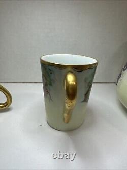 T & V Limoges France Hand-Painted Grape & Leaf Pitcher Gold Green Handle 3 Cups