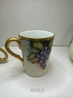 T & V Limoges France Hand-Painted Grape & Leaf Pitcher Gold Green Handle 3 Cups